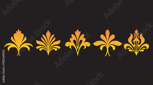 A decorative border of four golden fleur de lis designs on a black background with a white space below  victor illustration