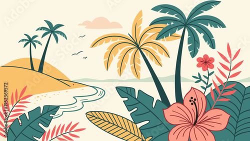 Tropical island landscape with palm trees and flowers vector illustration