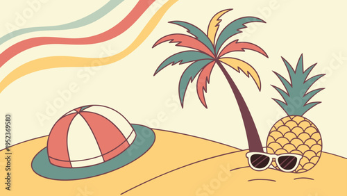 Vector summer beach icons set with palm tree, pineapple, hat, sunglasses