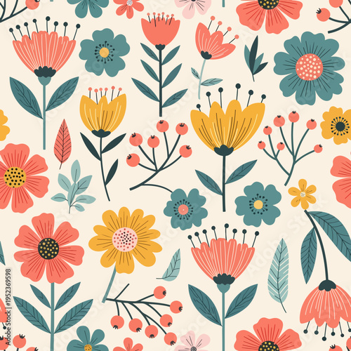 Artistic botanical print blending simplicity and charm with colorful stylized floral elements