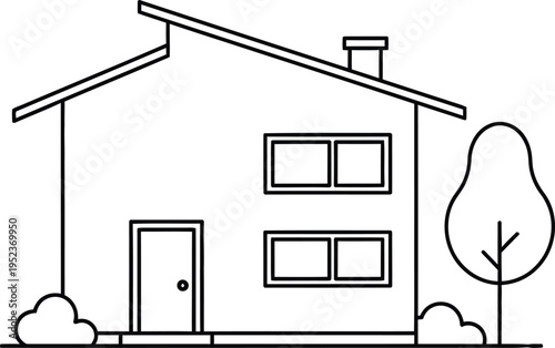 Modern minimalist line art illustration of a detached house featuring an angled roof, chimney, door, windows, and surrounding garden elements.