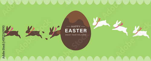 イースターデザイン　エッグチョコレートと走るウサギ (Easter design. Egg chocolate and running bunnies.)