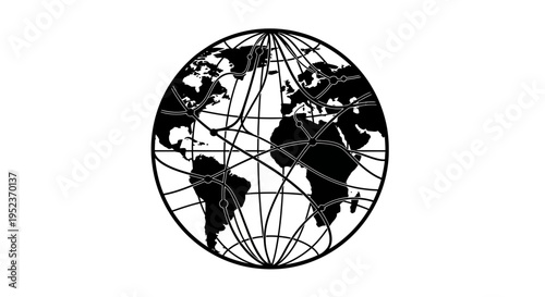 Black and white world globe map.