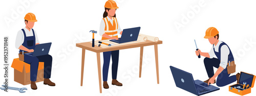 Construction Workers with Laptops and Tools, Professional Work in Progress Illustration