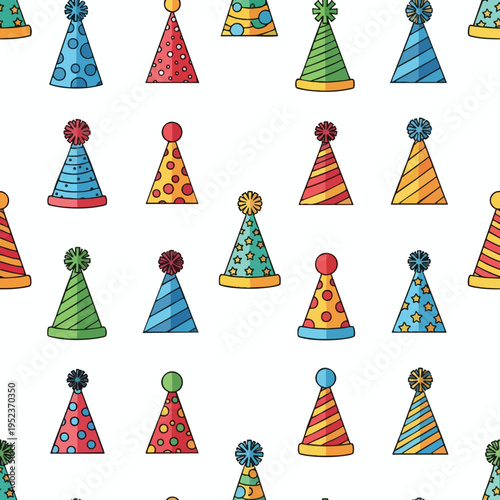 A seamless pattern of colorful, patterned party hats with fluffy pom-poms on white
