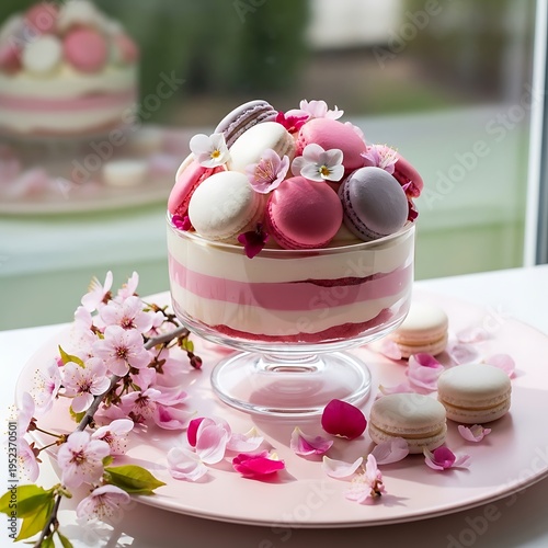 A pink and white cake with macarons on top