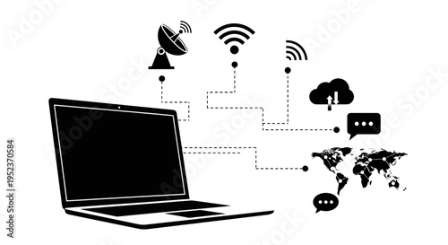 Laptop with internet connection symbols.