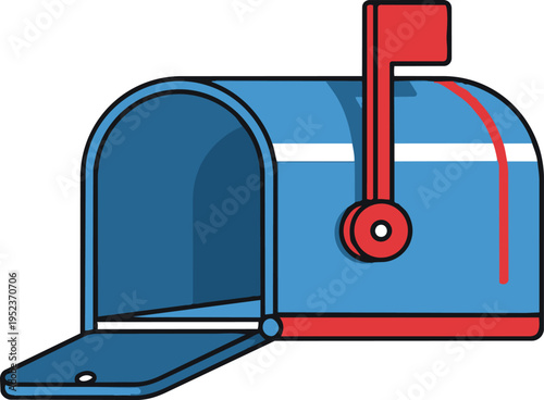 Classic blue and red mailbox with an open flap and flag indicator Vector, illustration