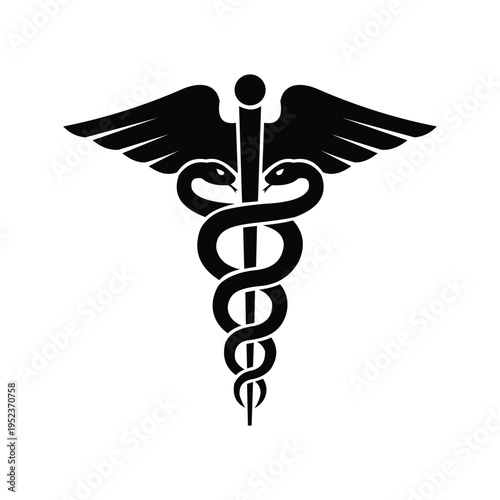 The rod of asclepius is a black symbol featuring a staff with a snake and wings