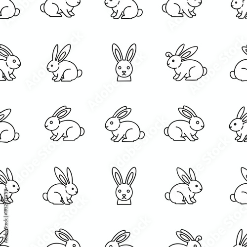 A white background is covered by a repeating pattern of simple black outlines of rabbits