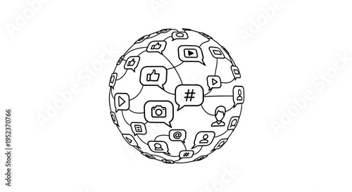 Social media icons on a globe.