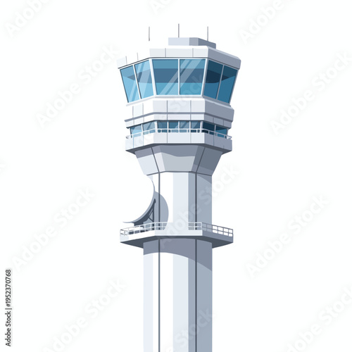 Modern air traffic control tower with large glass windows and white structure