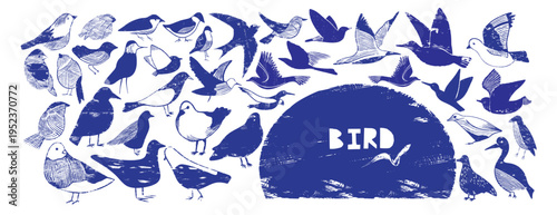 Blue Bird Linocut Vector Set: Indigo Blockprint Collection of Flying Silhouettes. Vintage Woodblock Texture, Distressed Cobalt Ink Illustration for Retro Poster and Organic Pattern Design