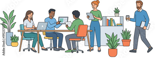 Office Team Working Together Set Featuring Group Collaboration, Presentations, and Discussion with Laptops, Tablets, and Documents in Modern Workspace Vector Collection