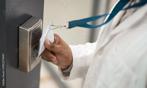Fotografie Hand, scientist and machine to scan card for access, secure entry and authentication of restricted area