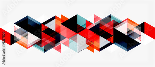 Abstract geometric pattern. Triangles overlap, creating dynamic visual flow. Red, black, white, blue hues dominate composition.