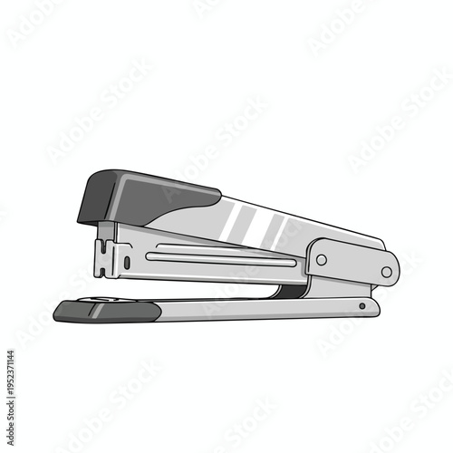 Detailed illustration of a gray metal and black plastic stapler on a white background