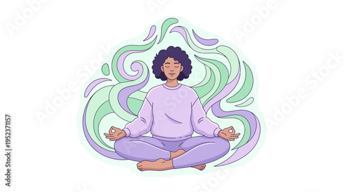 A person meditating in a lotus position, surrounded by swirling green and purple lines, representing peace and mindfulness.