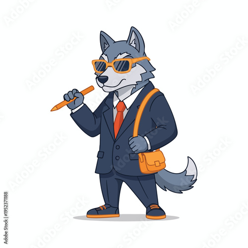 A cartoon wolf in a suit and sunglasses holding a pen