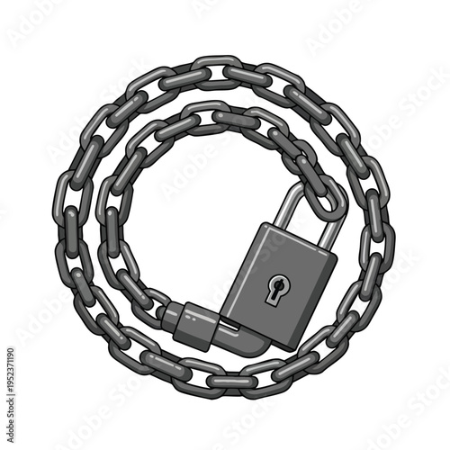 Metal padlock and thick chain coiled into a circle