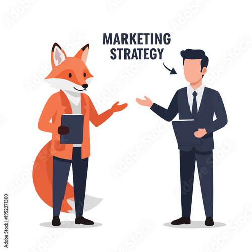 Fox in suit discusses marketing strategy with man in suit