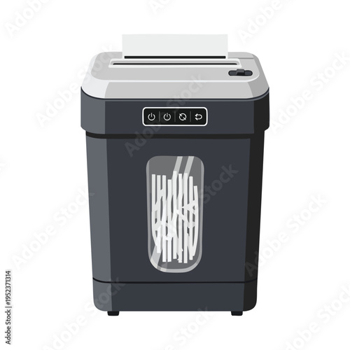 Dark gray office paper shredder with illuminated control panel and window