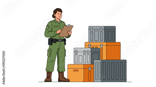 A uniformed person with a clipboard checking a stack of cargo containers and boxes, representing logistics, inventory, or customs inspection.