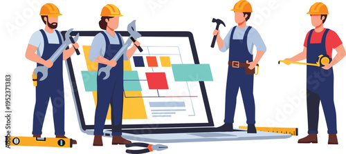 Construction Workers with Tools and Laptop Set Featuring Engineers Using Equipment for Planning and Project Management Vector Illustration Collection