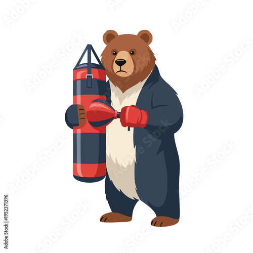 Anthropomorphic bear in suit and boxing gloves holds punching bag