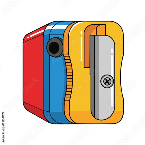 Stylized, brightly colored pencil sharpener with red, blue, and yellow sections
