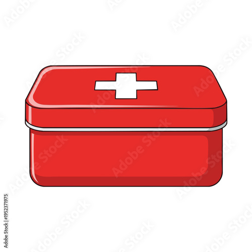 Red first aid kit box with white cross emblem on lid