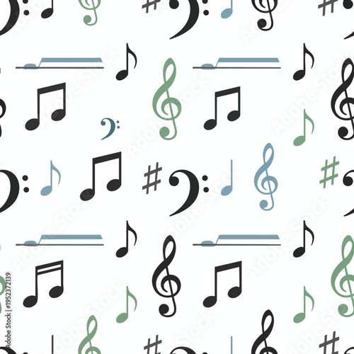 Seamless pattern of musical notes, clefs, and accidentals in various colors
