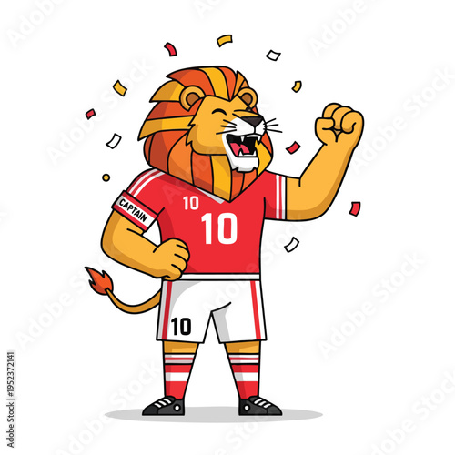 Fierce lion in soccer uniform raises fist amid confetti celebration