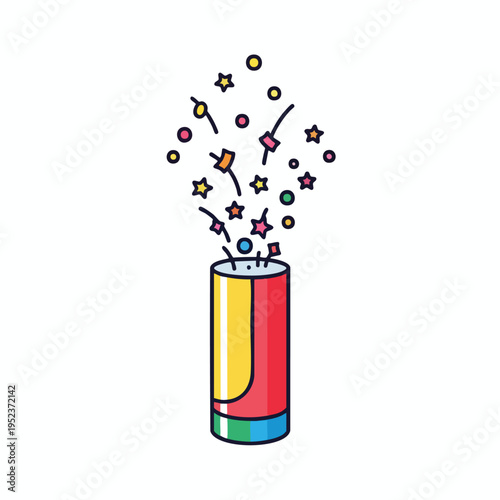 Colorful party popper erupting with confetti stars and streamers