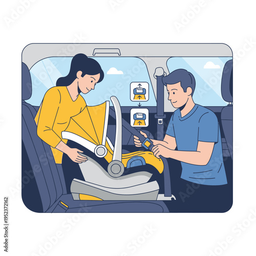 Parents Installing Baby Car Seat Safely in Vehicle.