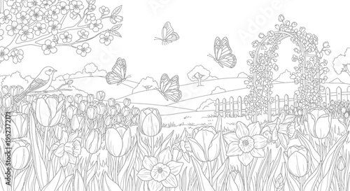 Beautiful spring garden coloring page showcasing blooming flowers, cheerful butterflies, a little bird, and a charming floral archway scene.
