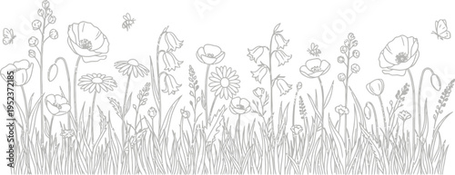 Black and white outline drawing of diverse wildflowers blooming among tall grass with insects flying nearby