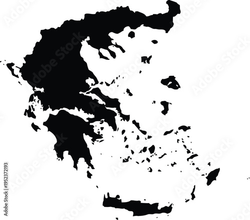 Silhouette of the country of greece with its many islands shown in solid black on white.