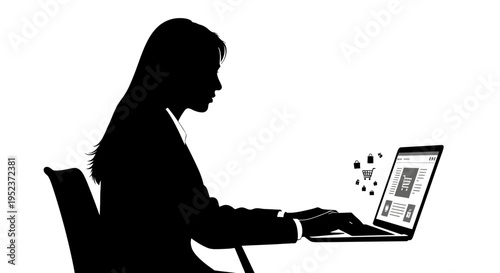 Silhouette of a businesswoman working on a laptop, focused on her task.