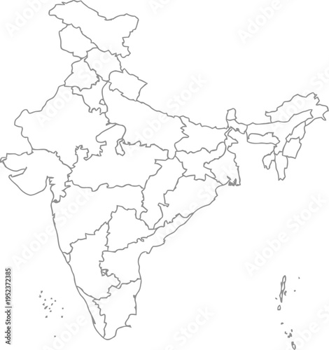 Simple black and white outline map of india with internal state and territory boundaries.