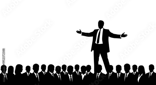 Silhouette of a confident businessman addressing a crowd from a stage.