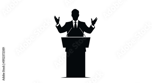Silhouette of a confident businessman giving a speech at a podium with raised hands