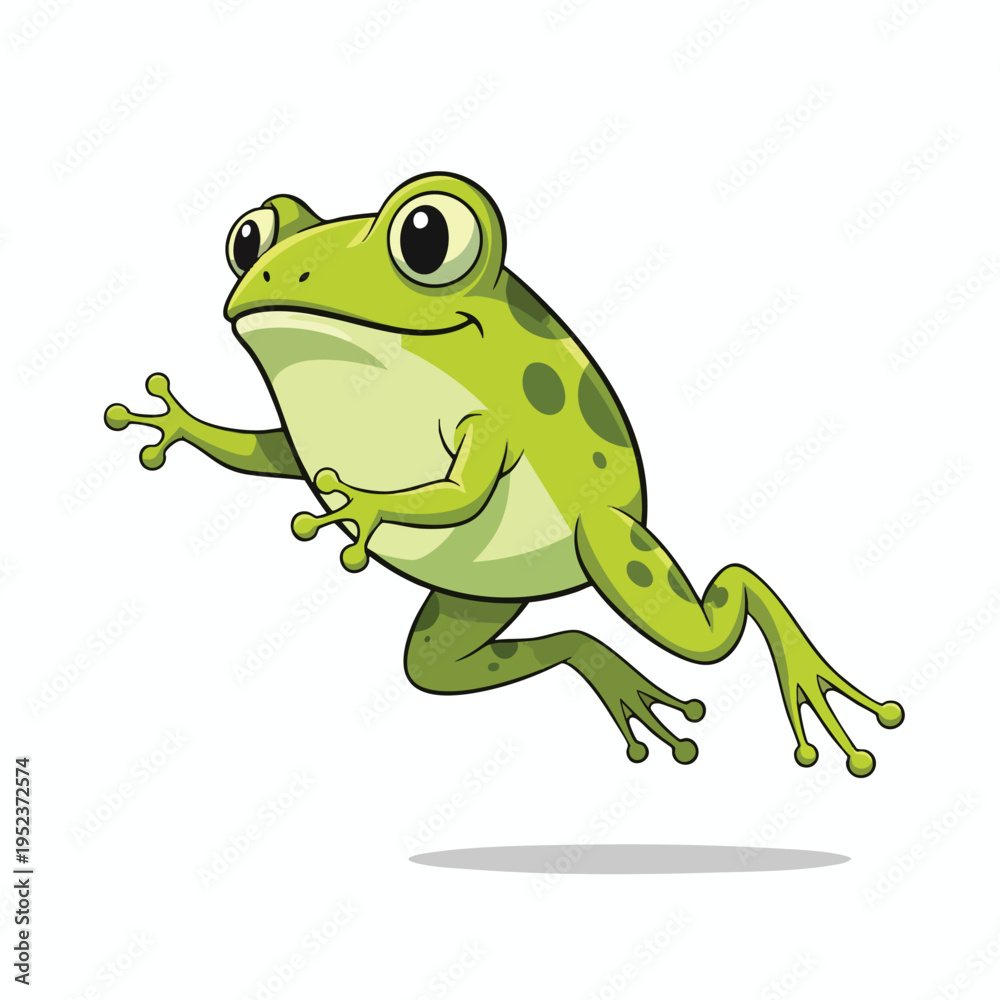Fototapeta premium A cartoon green frog with spots leaps forward with its limbs outstretched