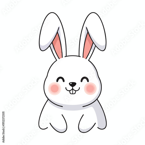 Cute white rabbit with pink cheeks and long ears, smiling