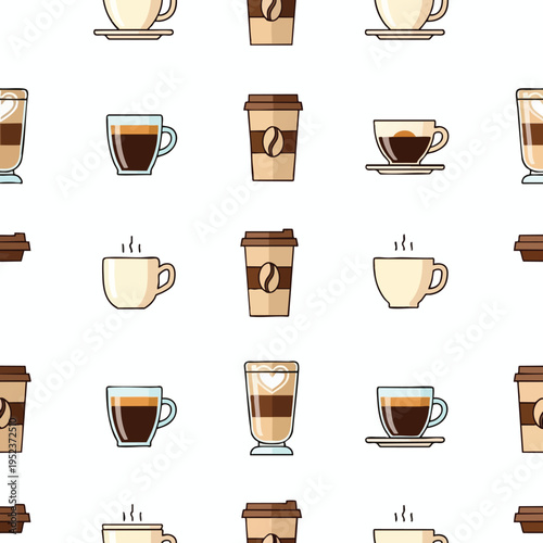 A seamless pattern of various coffee cups and take-out cups