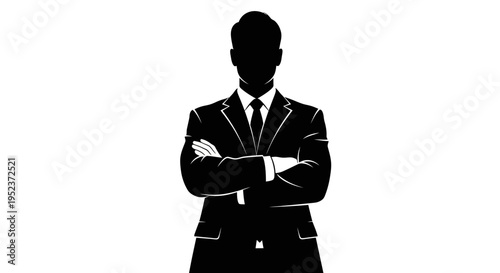 Silhouette of a confident businessman in a suit with arms crossed, isolated on white background.