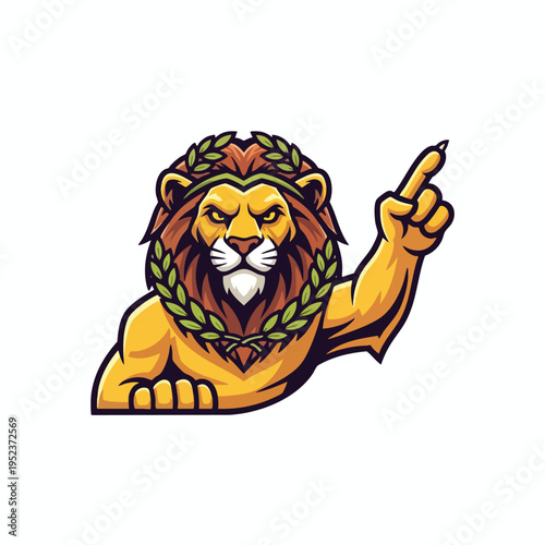 A stylized lion wearing a laurel wreath, with its paw raised pointing