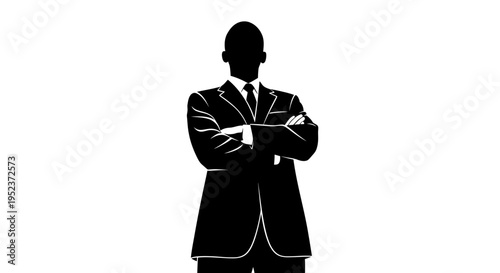 Silhouette of a confident businessman in a suit with arms crossed, isolated on white background
