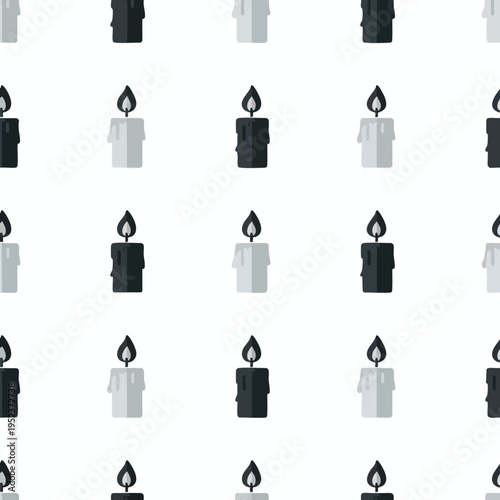 Seamless pattern of dark grey and light grey candles with lit flames on white