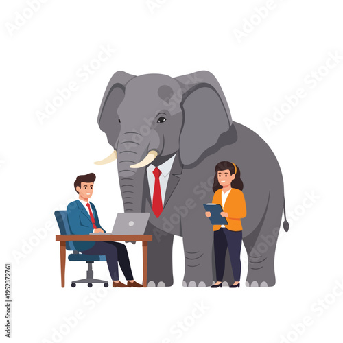 A man at a desk works on a laptop beside a woman holding a clipboard, an elephant behind them